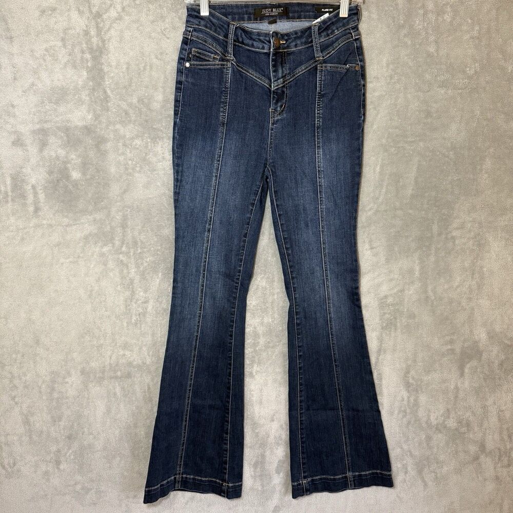 Judy Blue Sz 5 Jeans 5/27 Blue Yoke Front Seam Flare Whiskered (Inseam 31.5)